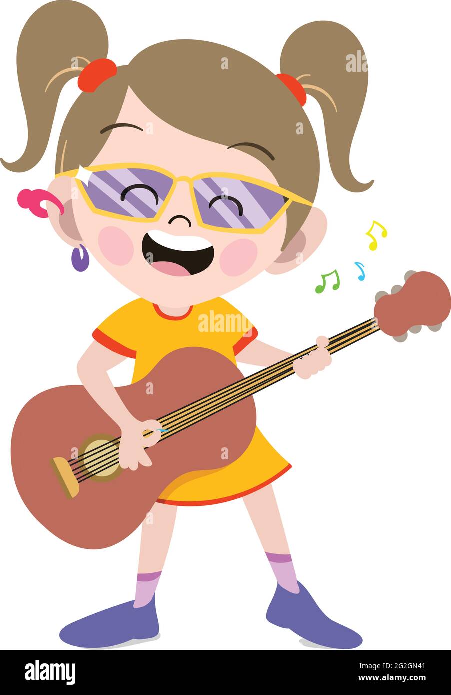Ein niedliches Kind Charakter im Cartoon-Stil. Kindergarten Vorschule Mädchen gekleidet als professionelle Sängerin. Kleines Mädchen Kind singen und Gitarre spielen. Stock Vektor