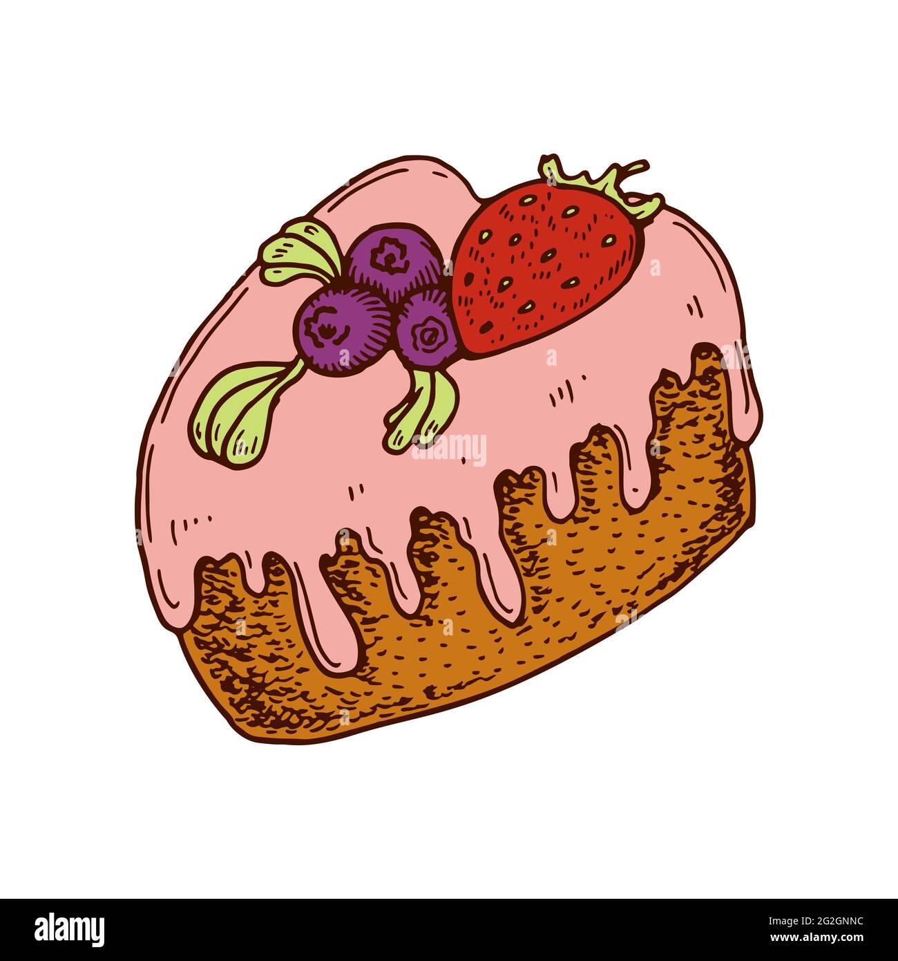 Handgezogener Kuchen in Herzform mit Erdbeere. Vektorgrafik. Design-Element am Valentinstag Stock Vektor