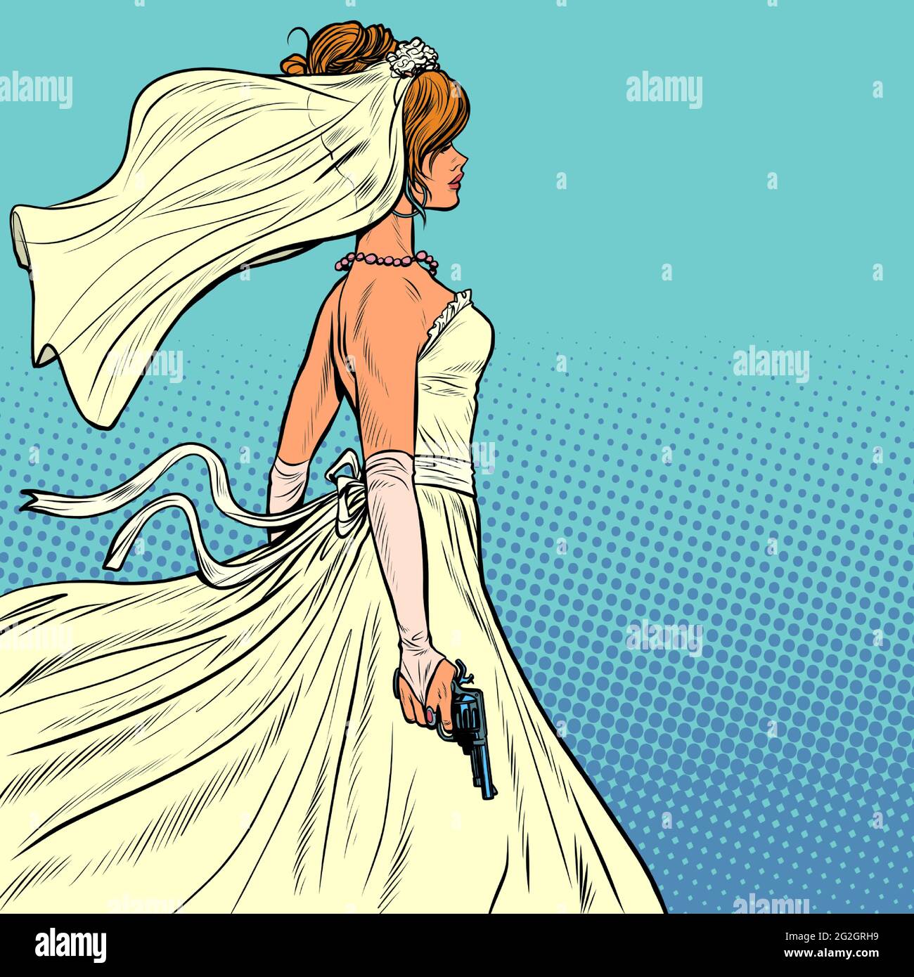Schöne Braut in einem Hochzeitskleid und einem Gewehr Stock Vektor