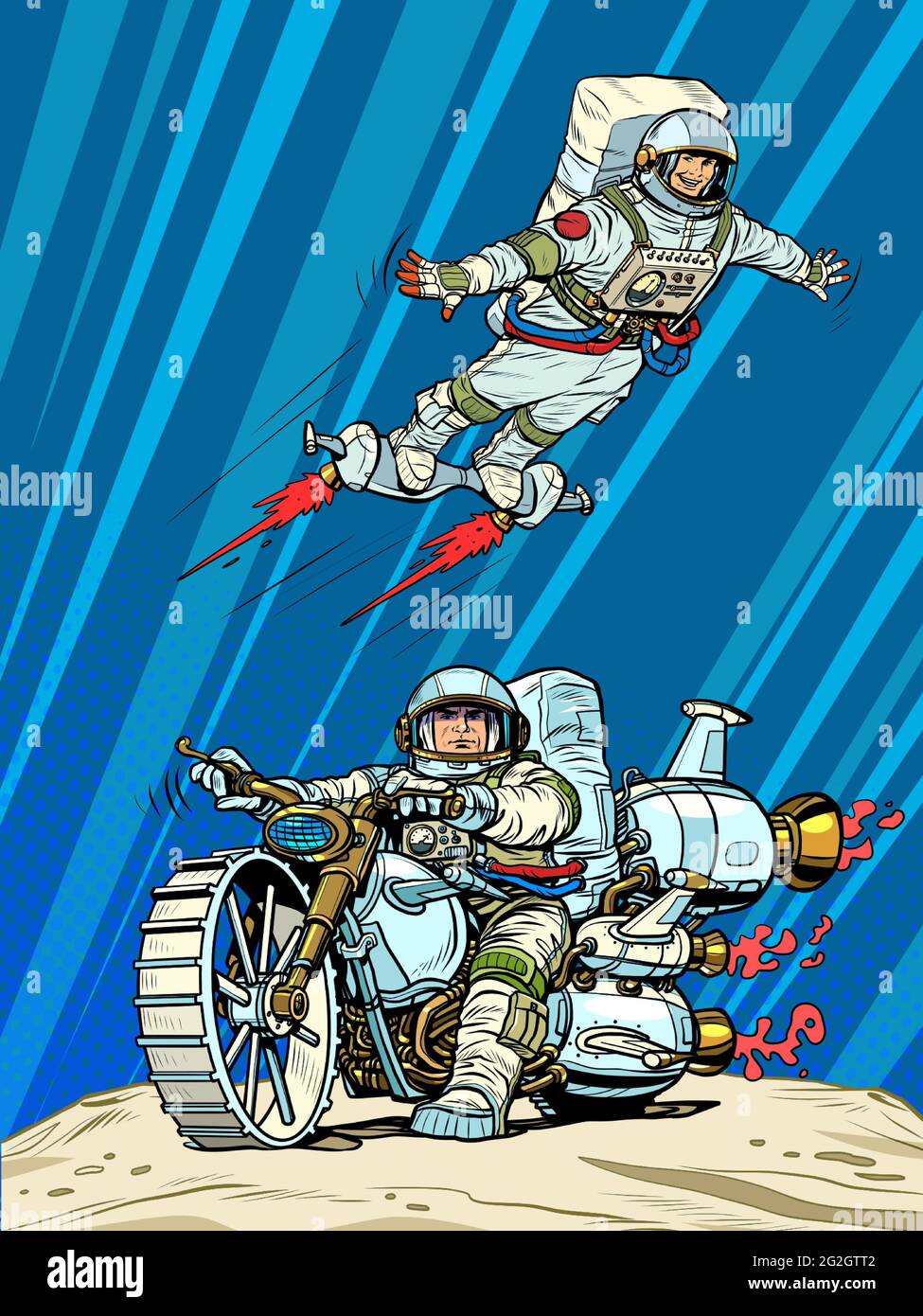 Astronauten auf dem Weltraumtransport. Fliegen und ein Motorrad der Zukunft fahren Stock Vektor