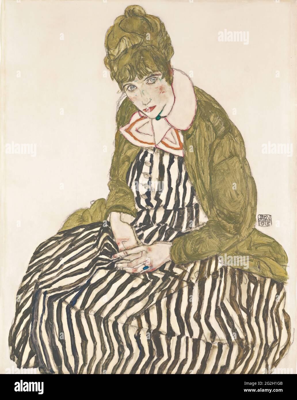Egon Schiele - Edith mit gestreiftem Kleid, sitzend Stockfoto Egon Schiele - Edith mit gestreiftem Kleid, sitzend Stockfoto