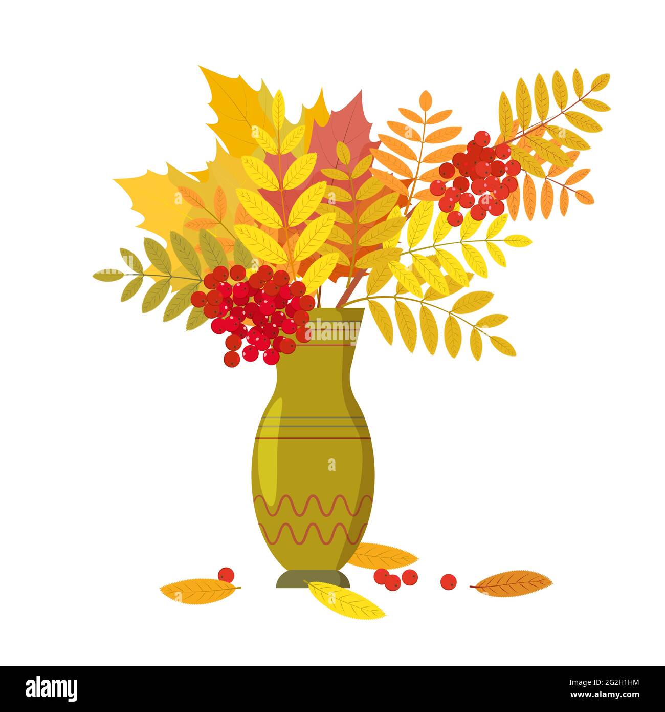 Herbstlicher Bukett aus Eberesche und Ahornbeeren in einer dekorativen Vase. Ein Designelement für ein Interieur, eine Postkarte, einen Flyer oder ein Poster. Vektorgrafik isol Stock Vektor