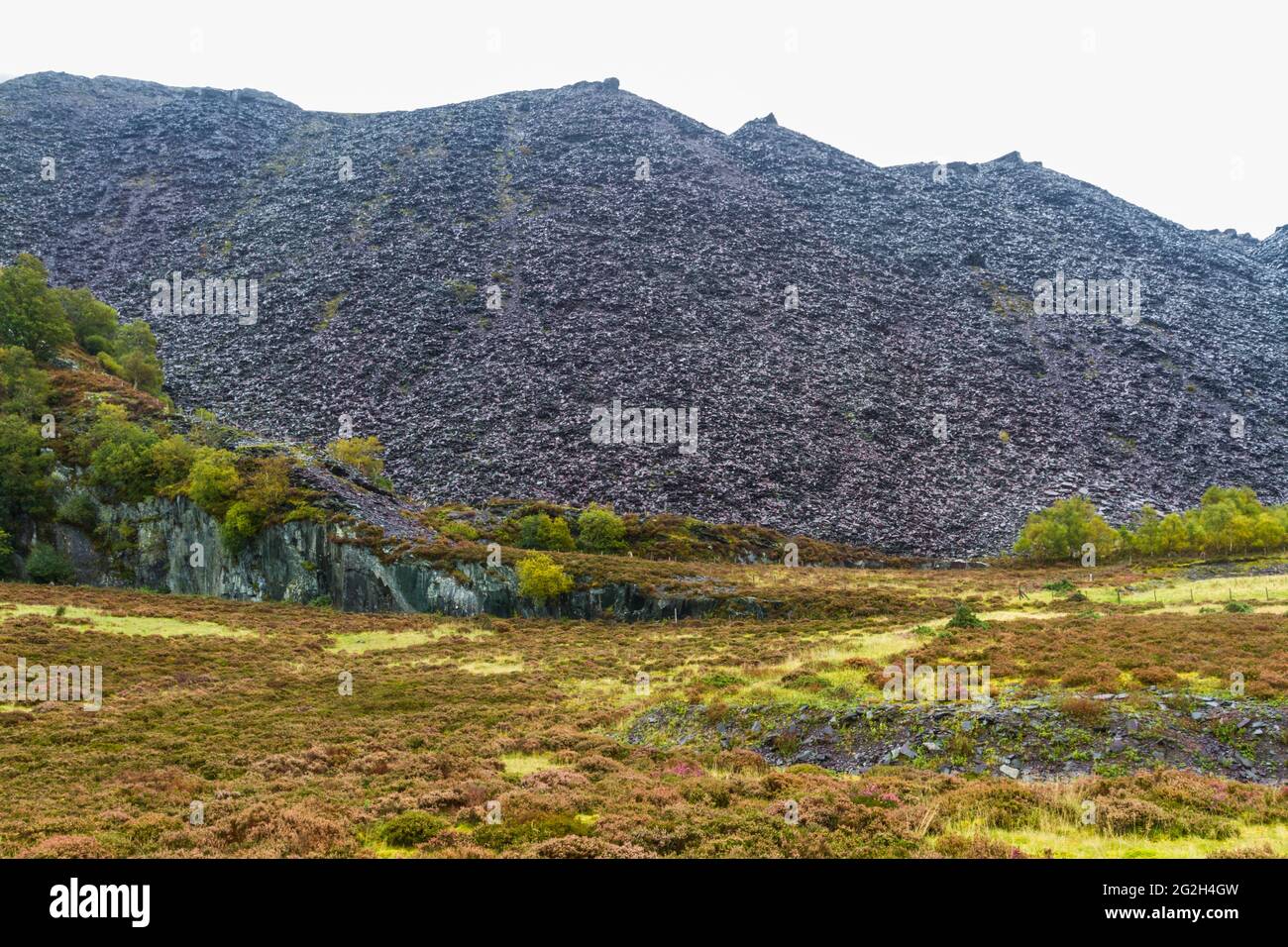 Moorland und Schiefer verderben Schlackenhaufen des Dinorwic-Steinbruchs, oberhalb von Llanberis am nassen Tag. Snowdonia, Nordwales, Großbritannien, Landschaft. Stockfoto