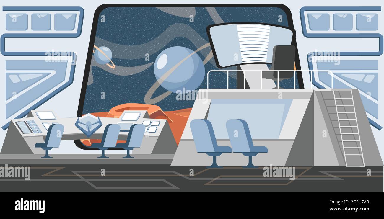 Starten Sie die flache Darstellung des Vektorgrafikes des Kontrollzentrums. Weltraumerkundung und Kolonisation Missionskonzept. Wissenschafts- und Entdeckungszentrum. Planetenoberfläche, Raum mit Saturn, Planeten, Sternen und Satelliten. Stock Vektor