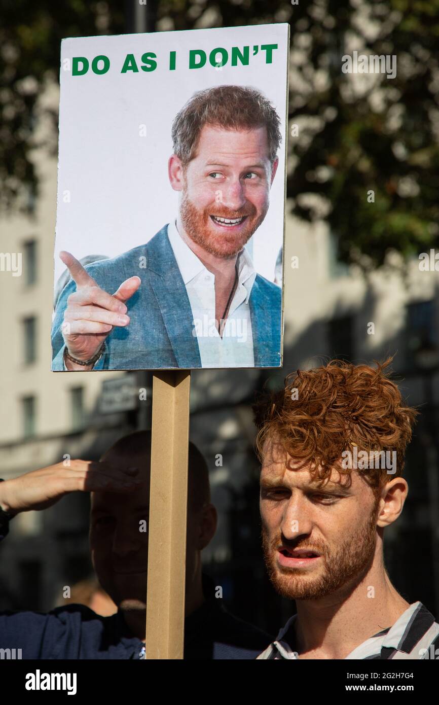 „Do as I don't“ - EIN junger Mann mit einem Protestschild, das Prinz Harry auf dem Protest gegen den Klimawandel, London, Großbritannien, darstellt. 20.September 2019 Stockfoto