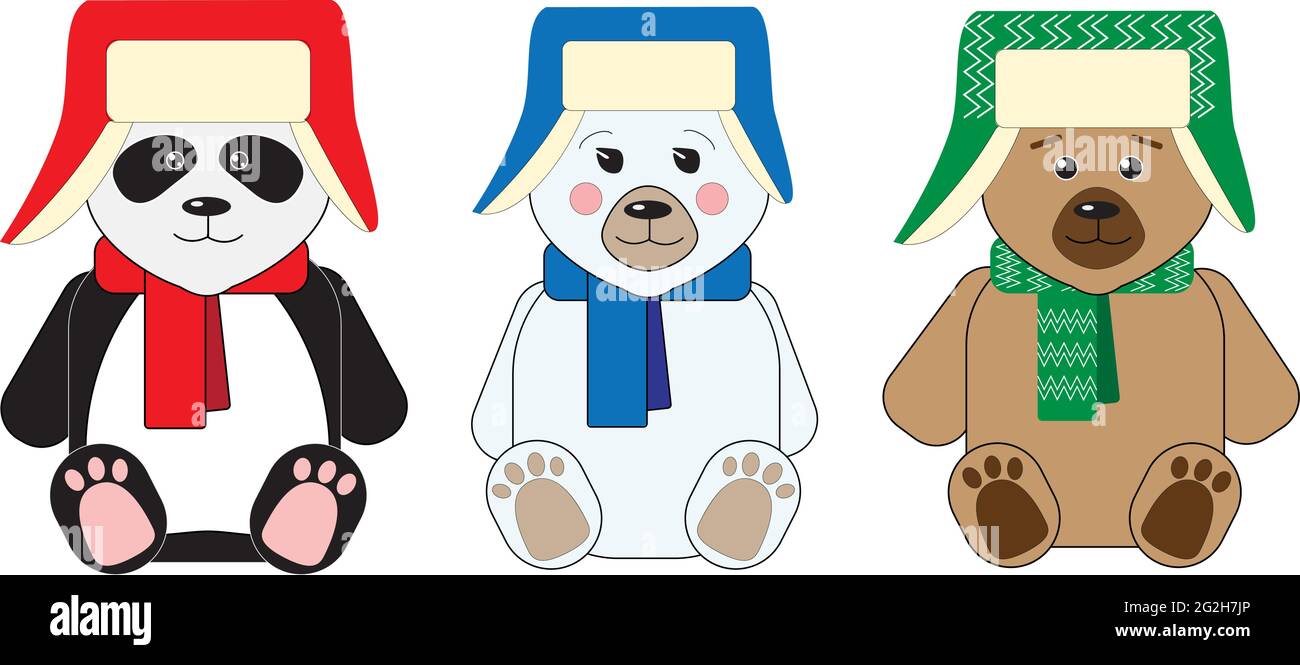 Drei niedliche Teddybären: teddy, Panda und Eisbär, die in Hüten mit Ohrenklappen und Schals sitzen Stock Vektor