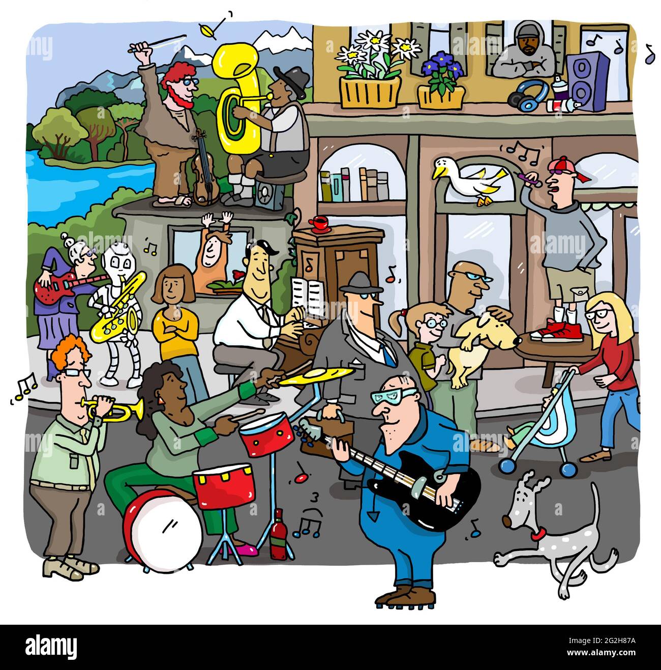 Illustration, Comic, Straßenmusik, Menschen feiern nach dem Überleben der Corona-Krise, Symbol, Neustart Impfungen, Freiheiten, Gemeinschaft, Spaß, Party Stockfoto