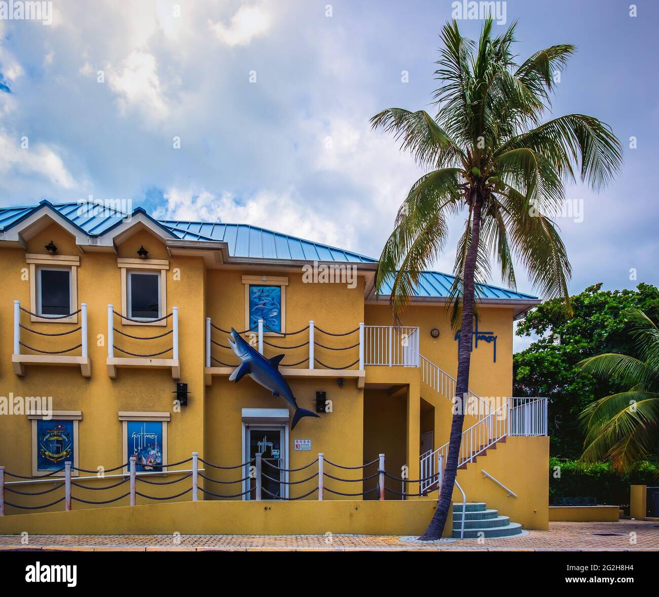 Grand Cayman, Cayman Islands, Juli 2020, Blick auf Guy Harvey Side Gebäude ein Geschäft und eine Kunstgalerie in George Town Stockfoto