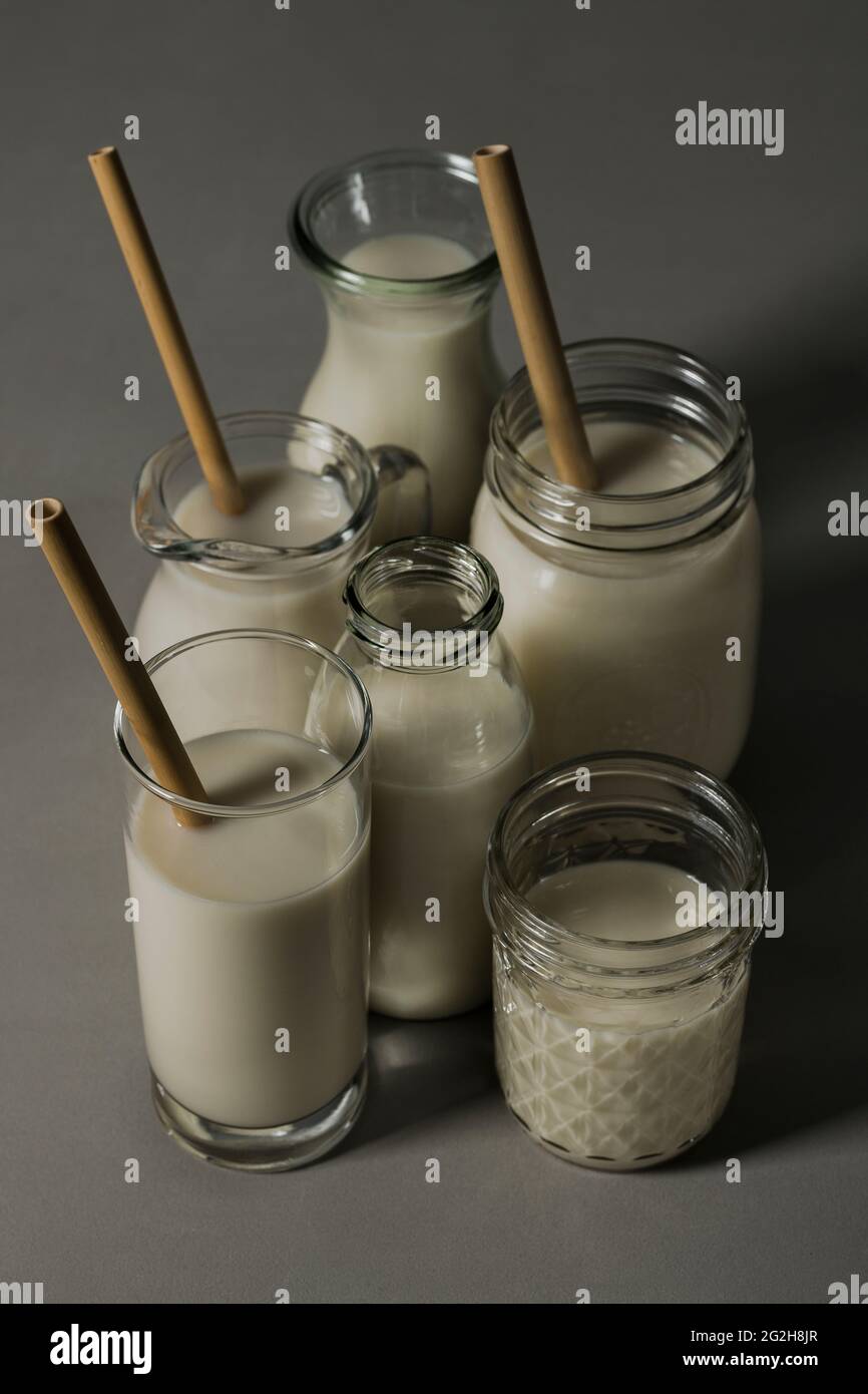 Hafermilch, Trinkhalme, Glas, Karaffe, Einmachglas, Milchflasche Stockfoto