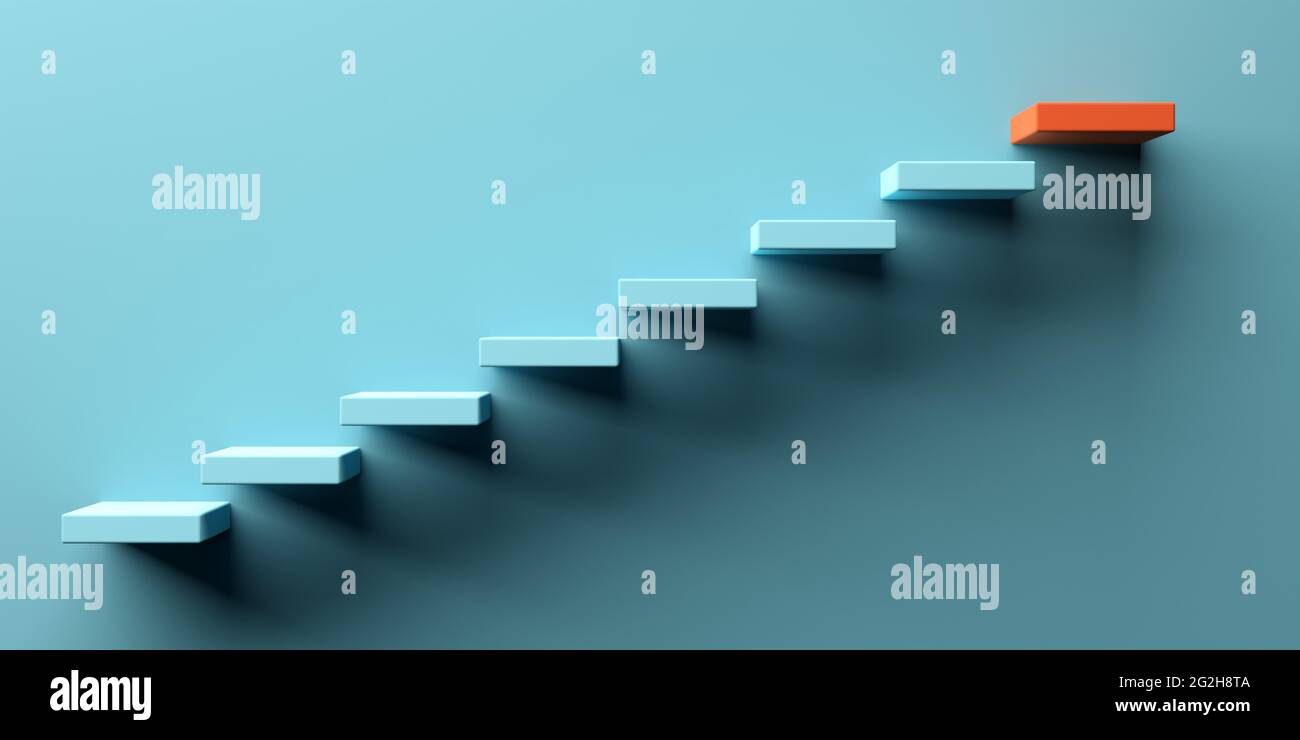 Blaue Treppe führt zu orange Top-Schritt, Erfolg, Top-Level oder Karriere minimal modernes Konzept, 3D-Illustration Stockfoto