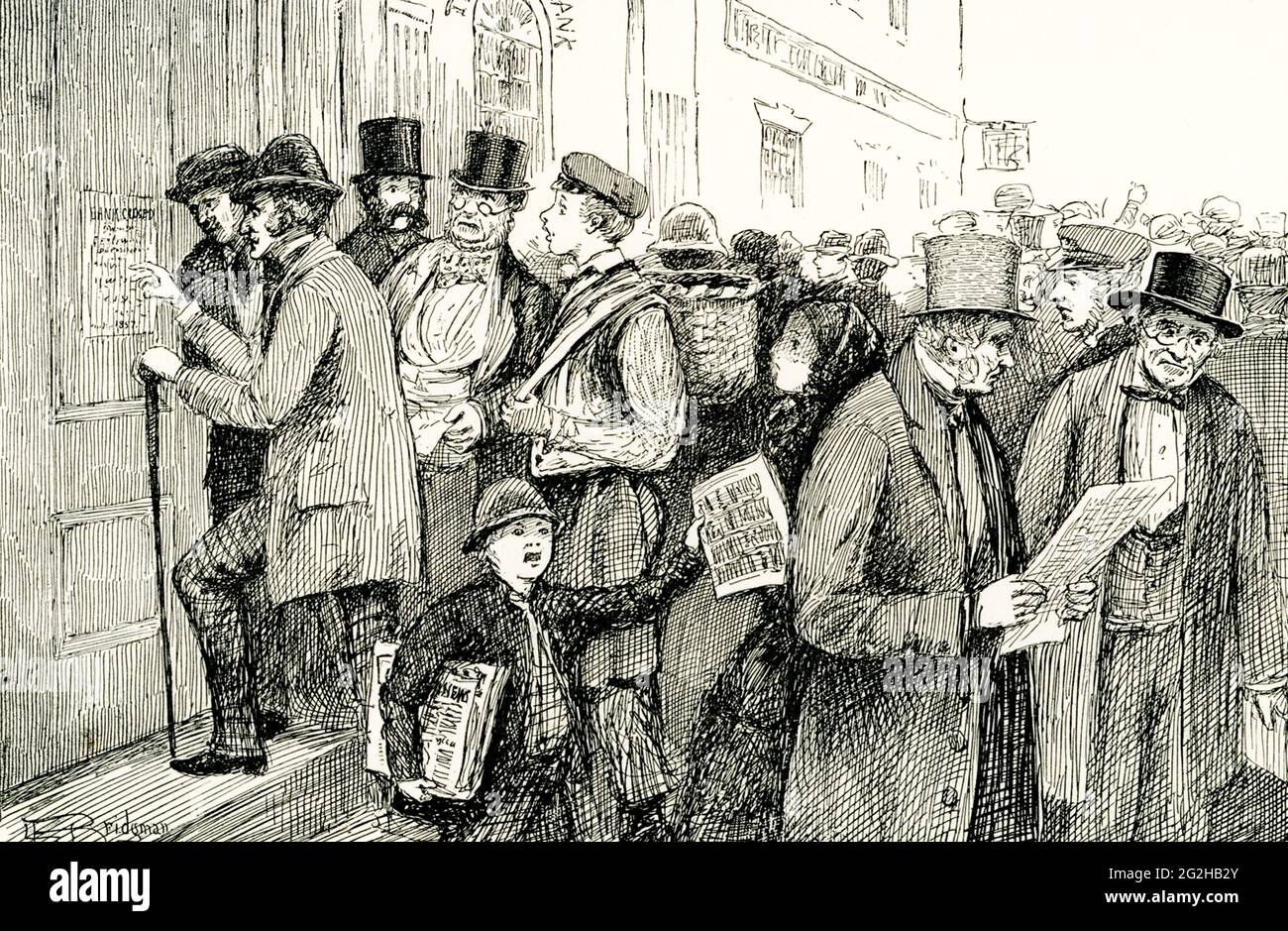 Die Bildunterschrift für diese Illustration von 1888 lautet: Jede Bank in der Stadt [New York] hat die Zahlung bis zum 14. Oktober 1857 ausgesetzt. Die Panik von 1857 war eine Finanzpanik in den Vereinigten Staaten, die durch den Rückgang der internationalen Wirtschaft und die Überexpansion der Binnenwirtschaft verursacht wurde. Aufgrund der Erfindung des Telegraphs durch Samuel F. Morse im Jahr 1844 war die Panik von 1857 die erste Finanzkrise, die sich rasch in den Vereinigten Staaten ausbreitete. Die Weltwirtschaft war auch durch die 1850er Jahre stärker vernetzt, was die Panik von 1857 auch zur ersten weltweiten Wirtschaftskrise machte. Stockfoto
