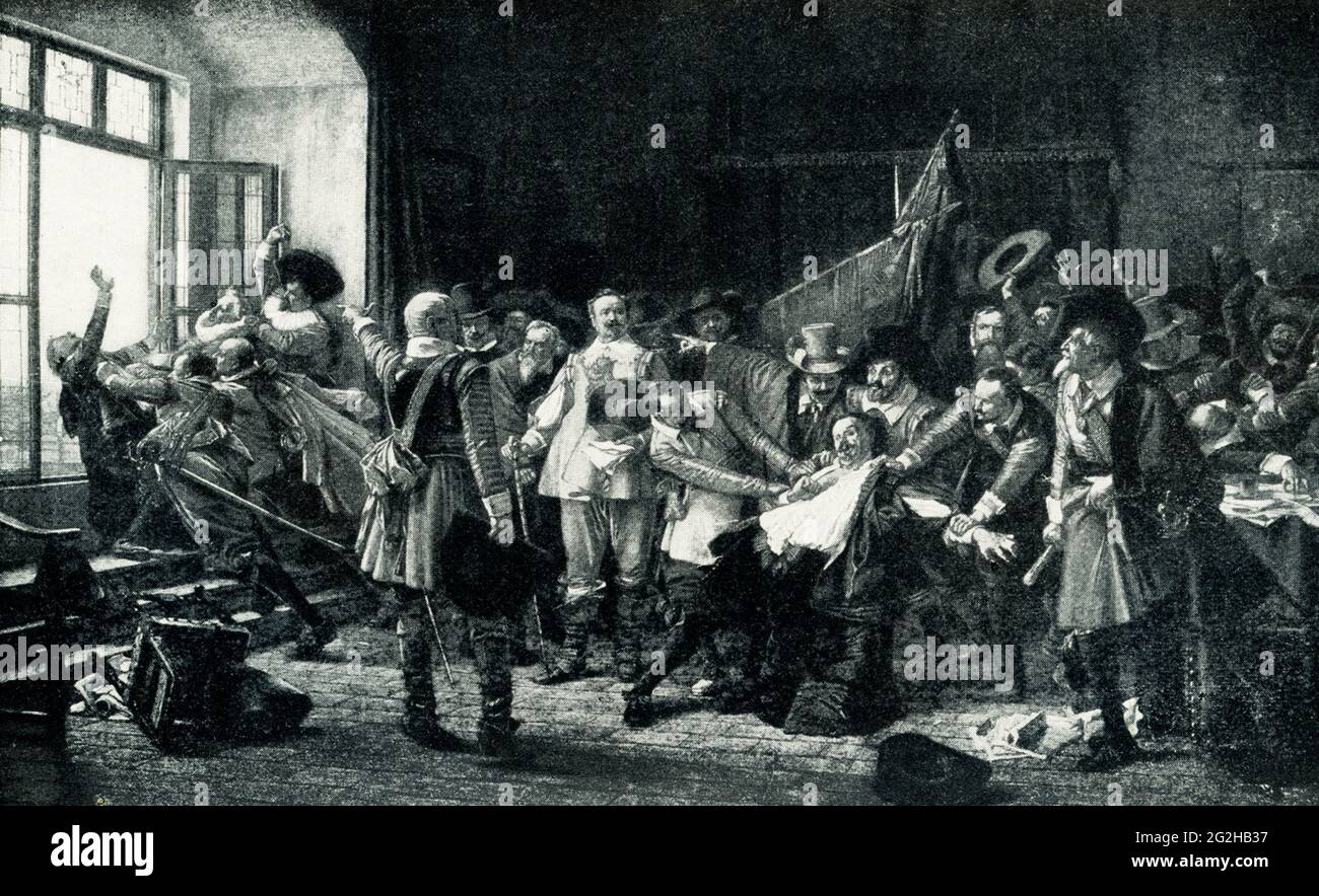 Defenestration in Prag - Beginn des 30-jährigen Krieges des tschechischen Malers Vacslav Brozik (gestorben 1901). Der Prager Amtsentfall (23. Mai 1618) war ein Vorfall des böhmischen Widerstands gegen die habsburgische Autorität, der dem Beginn des Dreißigjährigen Krieges voranging. Im Jahr 1617 schlossen römisch-katholische Beamte in Böhmen protestantische Kapellen, die von Bürgern der Städte Broumov und Hrob errichtet wurden, und verletzten damit die Garantien der Religionsfreiheit, die im Majestät Kaiser Rudolfs II. Von 1609 festgelegt wurden. Als Reaktion auf die Verteidiger, die im Rahmen des Majestät-Schreibens ernannt wurden, um Progesta zu schützen Stockfoto