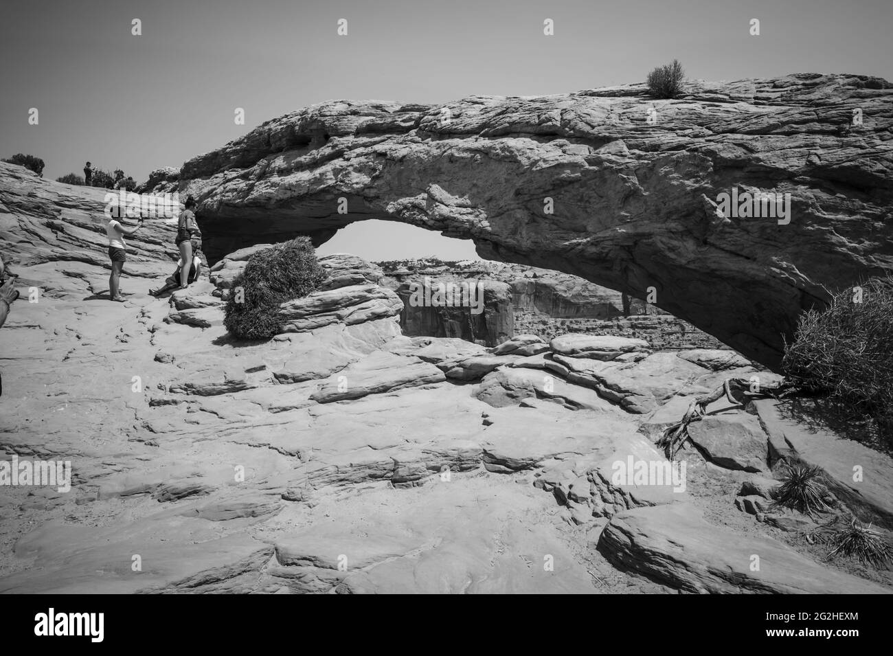 Mesa Arch. Der Sandsteinbogen am Rand der Klippe umrahmt einen ikonischen Blick auf den Sonnenaufgang auf die darunterliegende Landschaft des Red Rock Canyon. Canyonlands National Park, Utah, USA Stockfoto