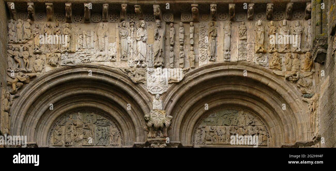 Romanische Fassade Detail, Kathedrale von Santiago de Compostela, Spanien, Stockfoto