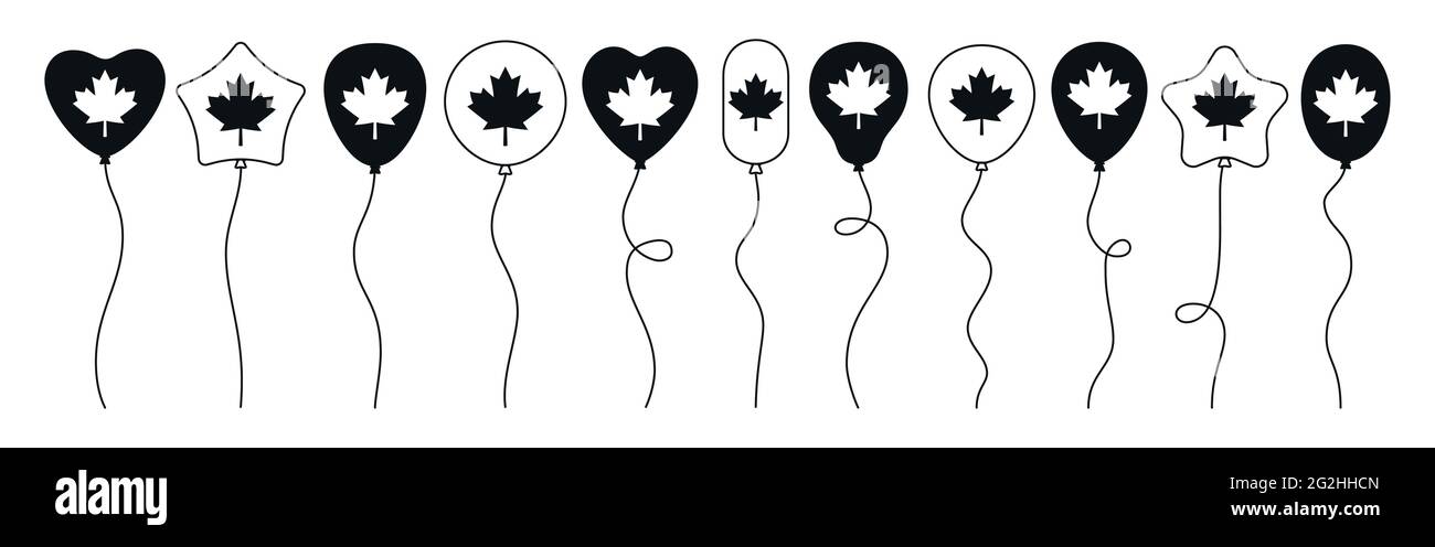 Ballon Kanada Tag Flagge Cartoon-Set. Schwarz-weiße Helium-Luftballons isoliert, 1. Juli Feier patriotische Ikone. Kanadische Nationalpartei mit Symbol Ahornblatt. Isolierte Vektordarstellung Stock Vektor