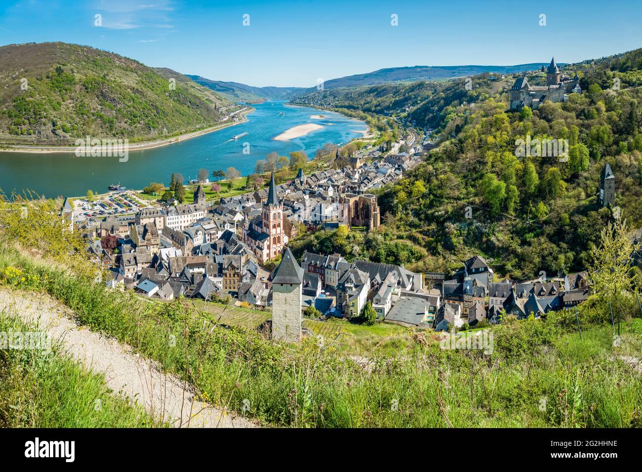 „altes Haus“, Bacharach, Schloss, Schlossweg, Haus Sickingen, Jugendherberge, Kirche, Marktturm, Mittelrhein, Münze, Oberes Mittelrheintal, Postturm, Rhein, Schifffahrt, Sommer, St. Peter, Stadttürme, Stahleck, Steeg, Steegertal, Weltkulturerbe, Weltkulturerbe, Werner-Kapelle Stockfoto