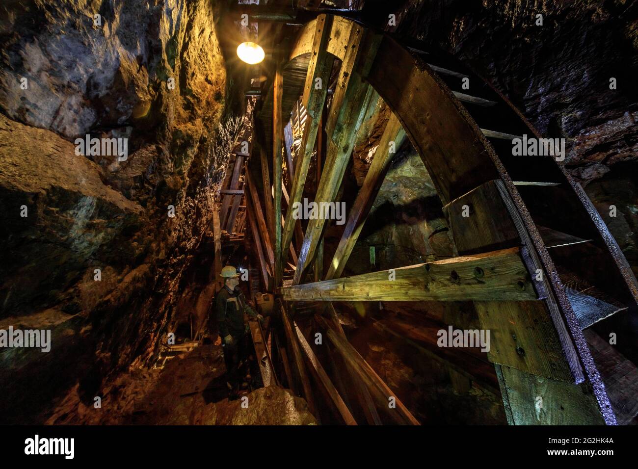 UNESCO-Weltkulturerbe - Radpumpe im Markus-Röhling-Stolln Stockfoto