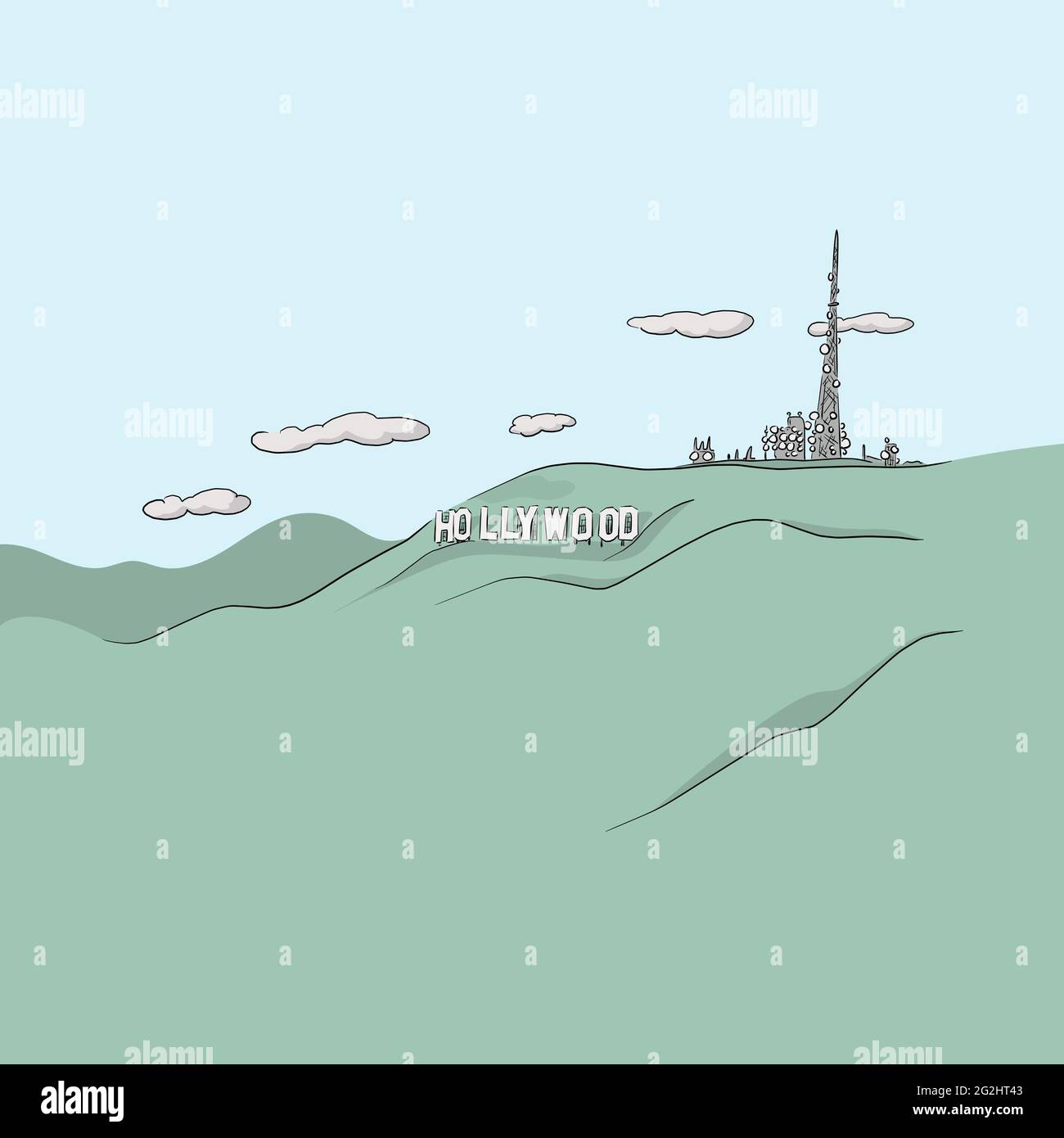 Berühmtes Wahrzeichen Hollywood Sign in Los Angeles, Kalifornien, handgezeichnet mit Rücklinien-Illustrationsvektor Stock Vektor