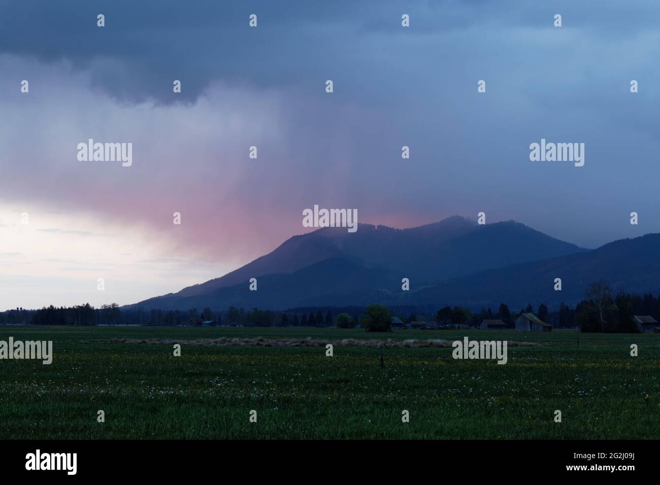 Regenwolke, Niederschlag, Wiese im Voralpenland, Sonnenuntergang Stockfoto