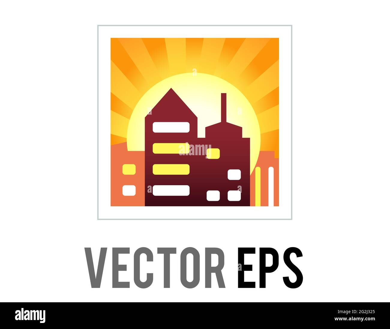Das Vektorgradienten-Symbol mit orangefarbenem Himmel und Sonnenuntergang hinter den Gebäuden der Stadt bei Sonnenuntergang Stock Vektor