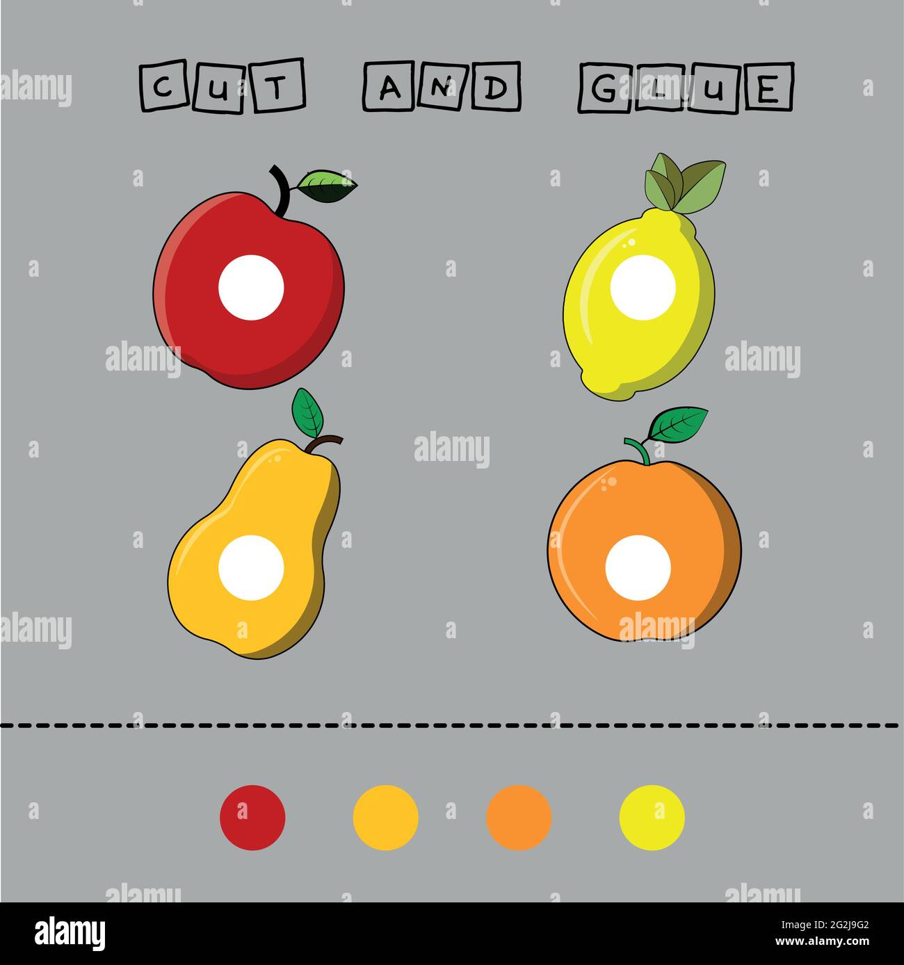 Die Entwicklung einer Aktivität für Kinder, die Aufgabe ist es, schneiden und kleben Sie ein Stück auf die Frucht von Orange, Appls, Banane, Limnon, Birne. Logikspiel für Kinder. Stock Vektor