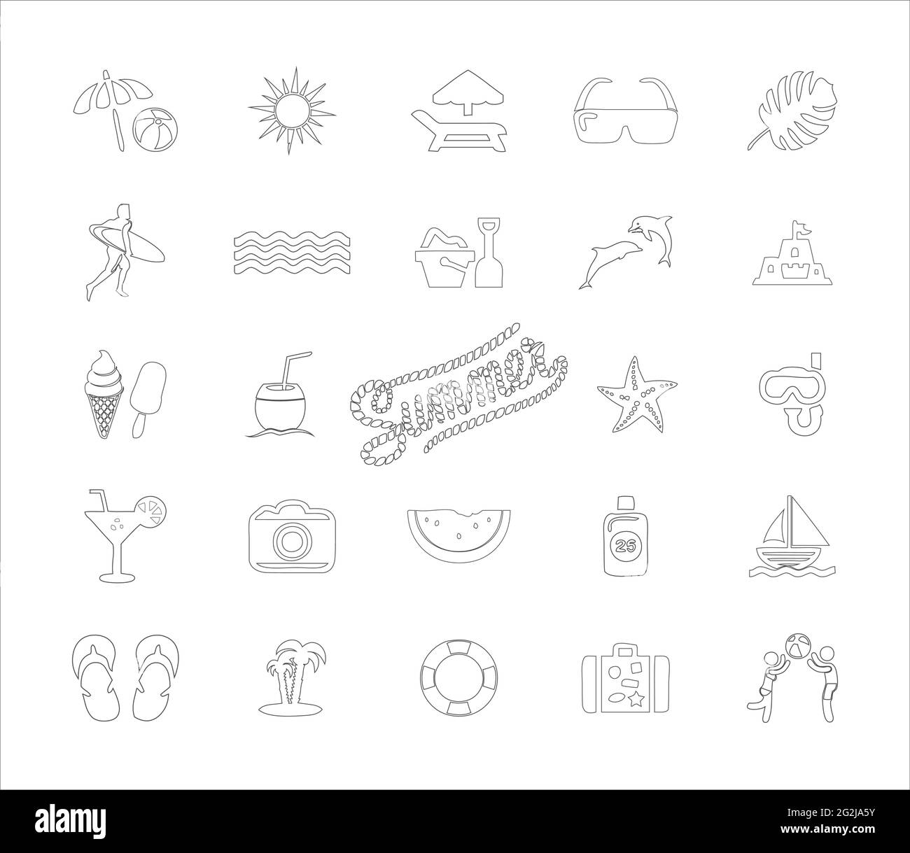 Sommer Urlaub dünne schwarze Linie Symbol Set Stock Vektor