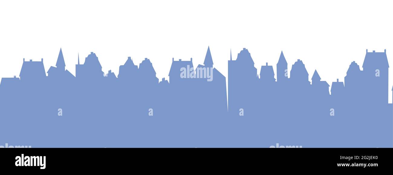 Kleine Stadt Straßen Silhouette. Dächer von Häusern. Landschaft auf dem Land. Flacher Cartoon-Stil. Nahtlose Illustration. Isoliert auf weißem Hintergrund. Vektorgrafiken Stock Vektor