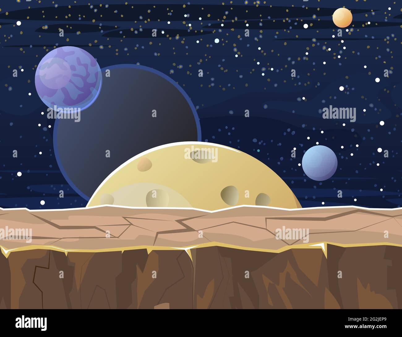 Kosmos Hintergrund. Nahtlose Plattform. Sternenhimmel. Planeten und ihre Satelliten. Ein heller Komet. Flacher Style. Cartoon-Design. Vektor Stock Vektor