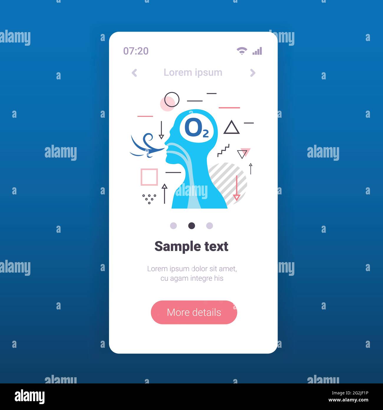Menschliche Atmung durch die Nase Ausatmen durch den Mund Sauerstoffgasaustausch Atemsystem Konzept Smartphone-Bildschirm mobile App Porträt kopieren Raum Stock Vektor