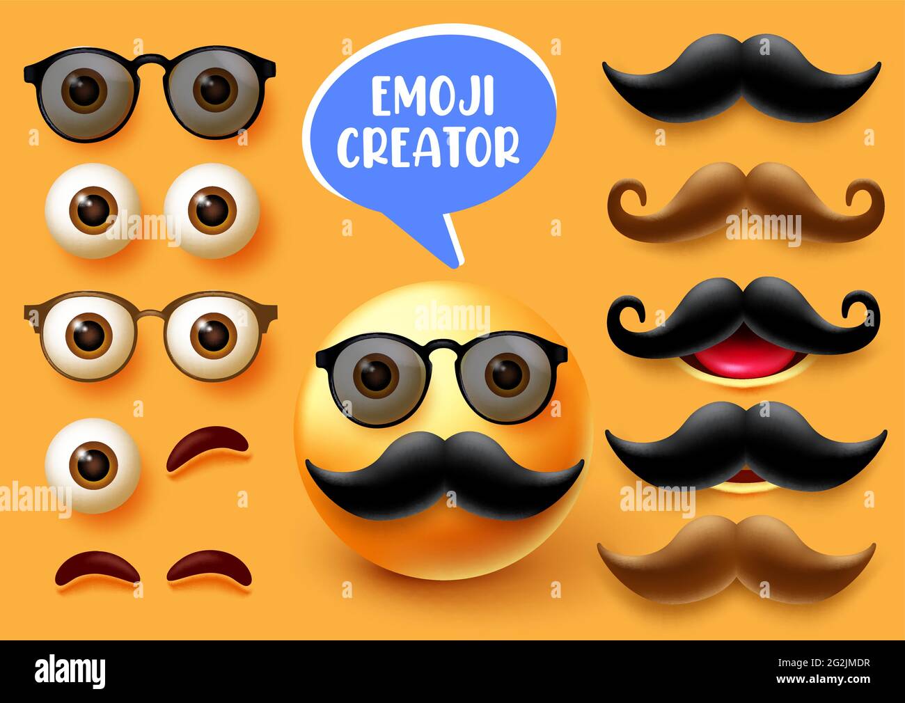 Emoji männlich Schöpfer Vektor-Set. Smiley 3d Mann-Charakterset mit Gesichtselementen wie Augen Mund und Schnurrbart für Emoticon Mimik Kollektion. Stock Vektor