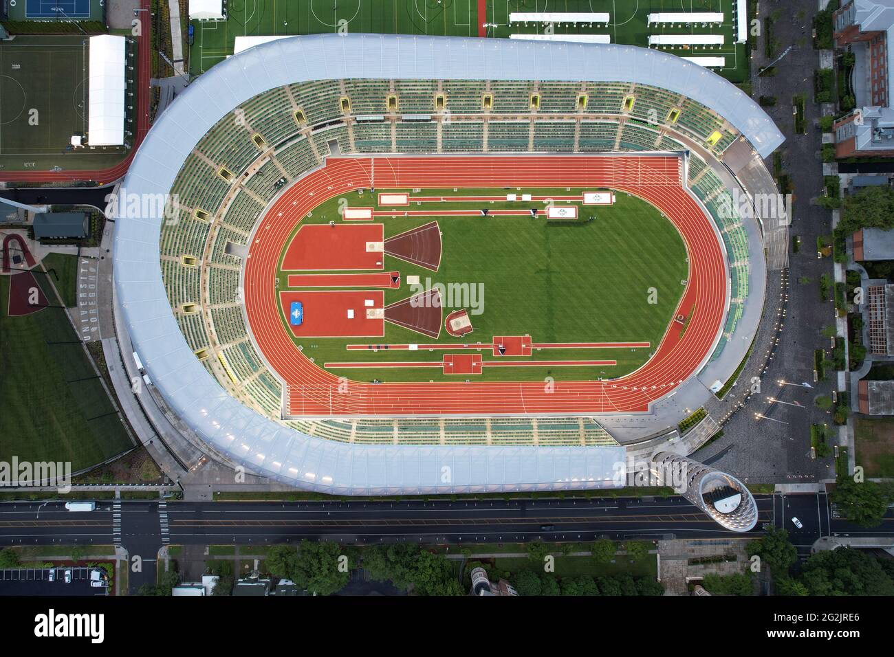 Eine Luftaufnahme des Hayward Field auf dem Campus der University of Oregon, Freitag, 11. Juni 2021, in Eugene, Das Stadion ist der Ort der 2021 Stockfoto