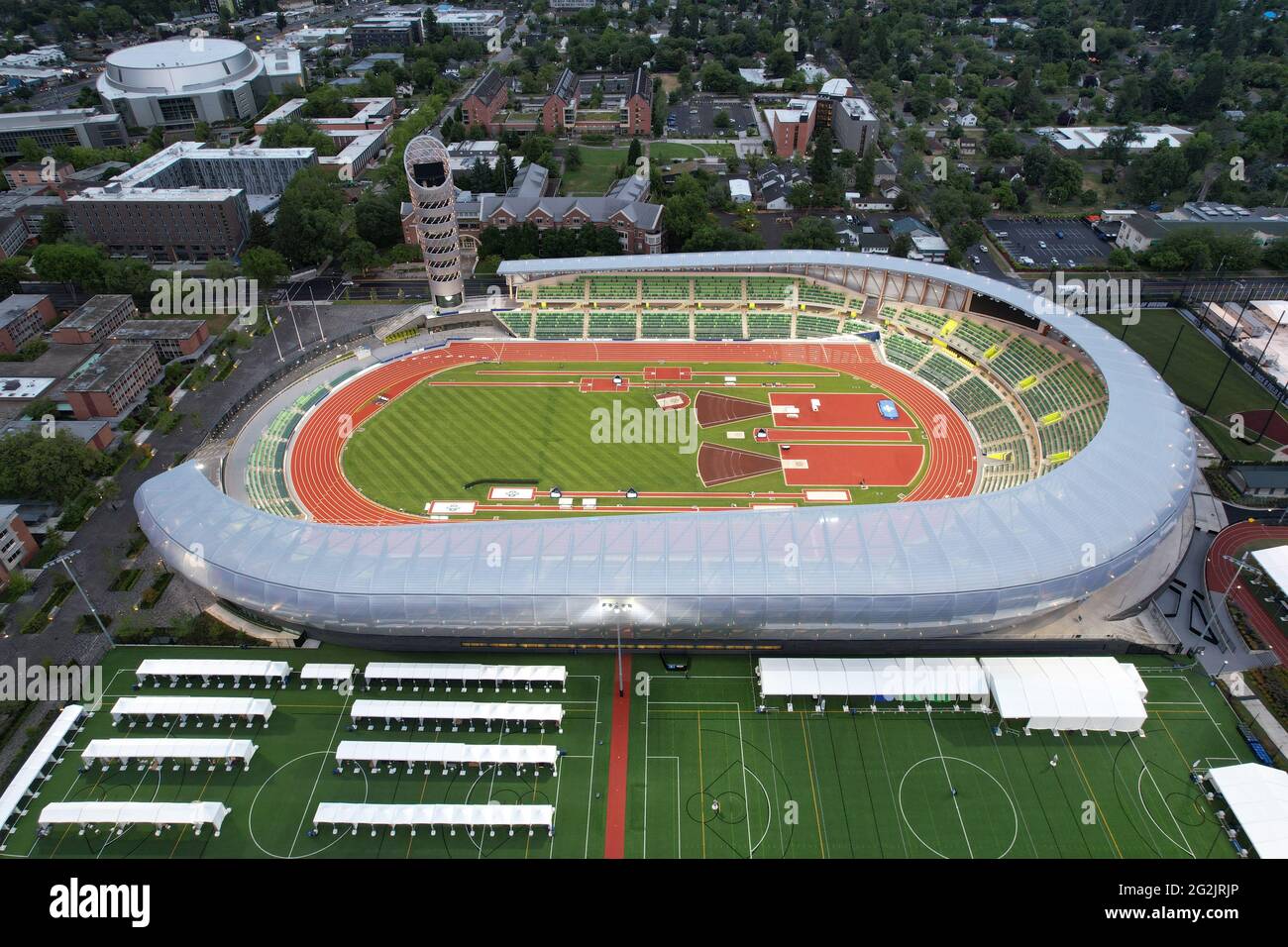 Eine Luftaufnahme des Hayward Field auf dem Campus der University of Oregon, Freitag, 11. Juni 2021, in Eugene, Das Stadion ist der Ort der 2021 Stockfoto