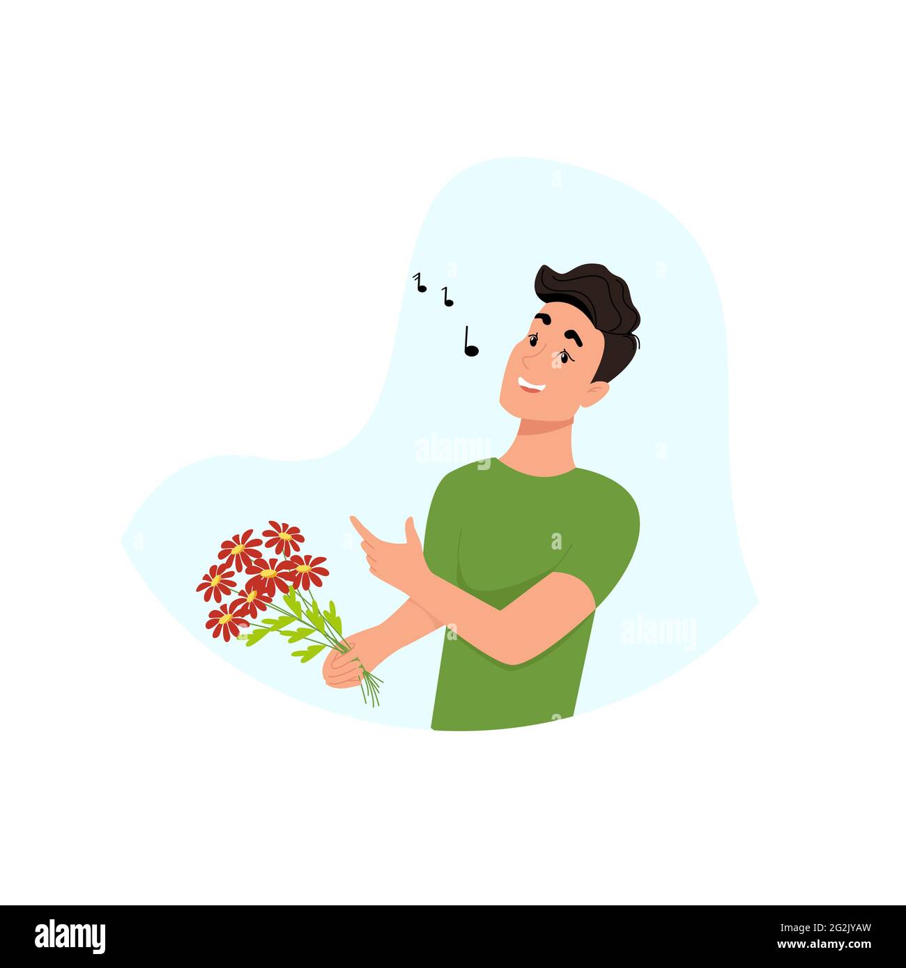 Junger Mann singt, Kerl mit Blumen in den Händen, glücklicher Mann. Vektor-Charakter im flachen Stil, Cartoon Stock Vektor