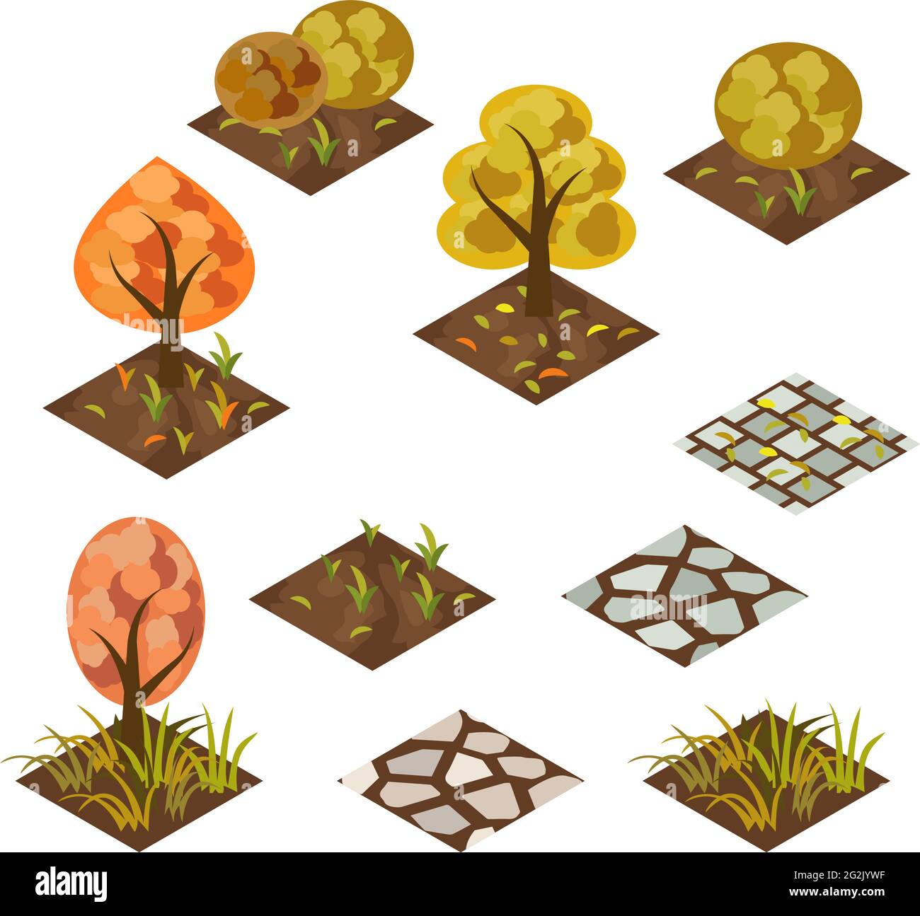 Garten oder Bauernhof isometrisches Fliesenset. Isolierte isometrische Fliesen mit Gras, Blumen, Sträuchern und Bäumen, um die Gartenlandschaft zu gestalten. Verwendung in Cartoon oder Stock Vektor