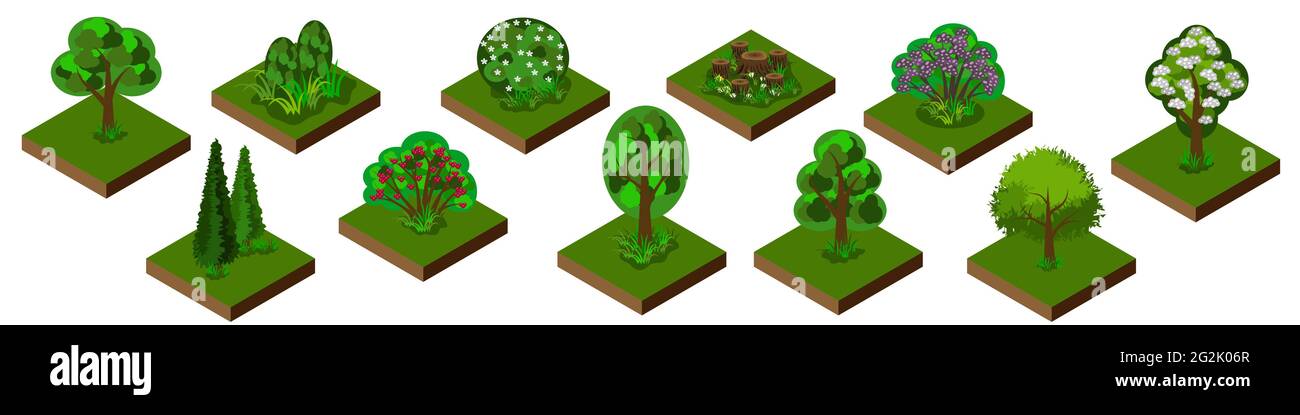 Isometrisches Park- oder Gartenset. Bäume, Sträucher und Sträucher mit Gras und Blumen. Isolierte Fliesen für Spiel oder Cartoon Landschaft Hintergrund und Szenen. Vec Stock Vektor