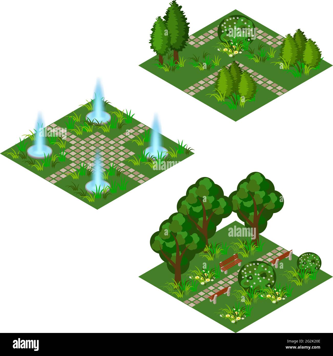 Garten isometrisches Set, um Gartenlandschaft Szene für Spiel Asset oder Cartoon-Hintergrund zu erstellen. Brunnen, Blumen, Sträucher und Bäume, gepflasterter Spaziergang. Isoliert Stock Vektor