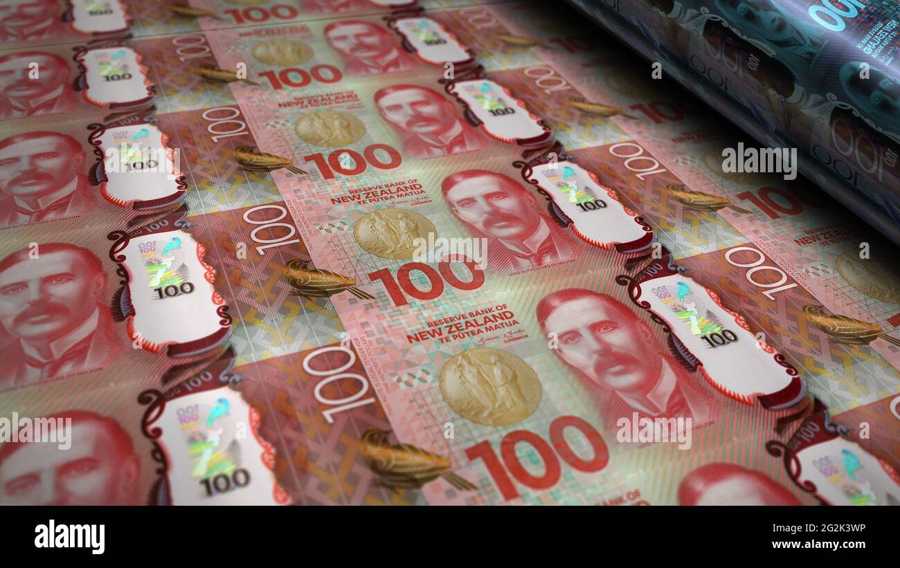 Neuseeland Dollar Gelddruck 3d-Illustration. 100 NZD-Banknote. Konzept von Finanzen, Bargeld, Wirtschaftskrise, Unternehmenserfolg, Rezession, bank, Steuern Stockfoto