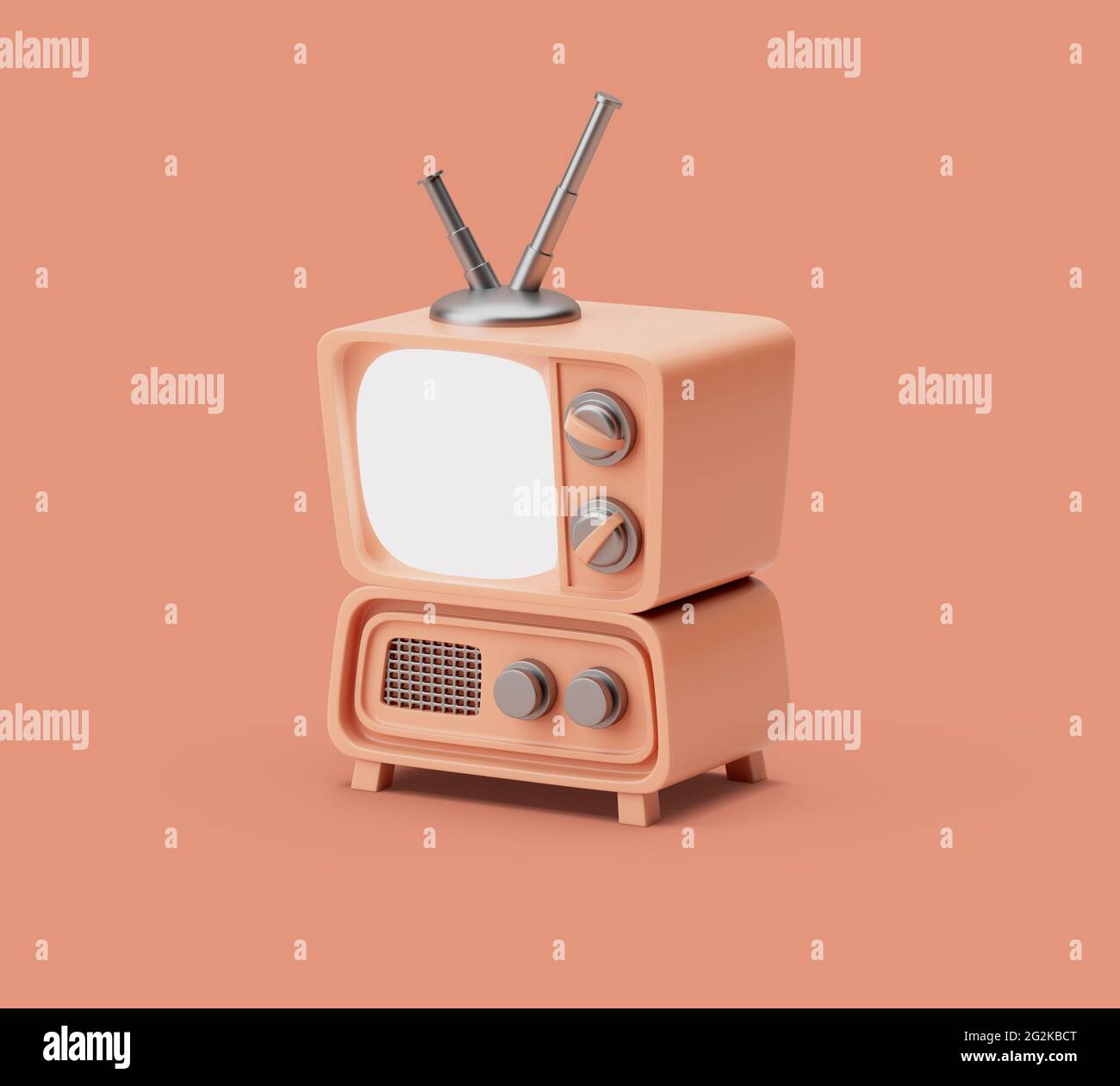 Retro-Fernseher, einfaches Icon-Modell mit weißem Bildschirm. 3d-Darstellung auf pastellfarbenem Hintergrund. Weiche Schatten Stockfoto