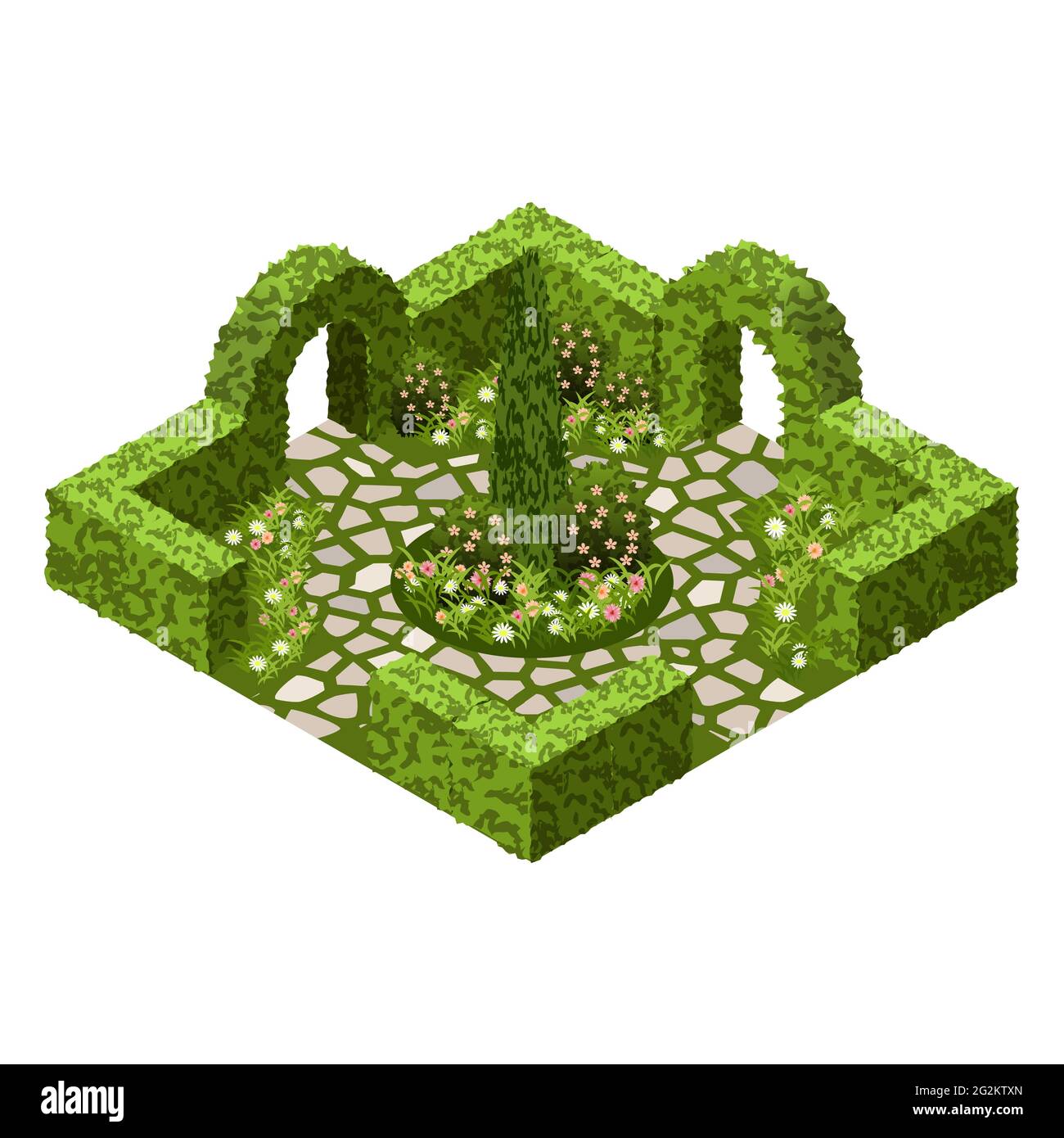 Isometrische Gartenlandschaft. Topiary Garten Büsche, Blumen und Gras, gepflasterte Spaziergänge. Verwenden Sie, um Garten im klassischen Stil für Cartoon oder Spiel als zu entwerfen Stock Vektor