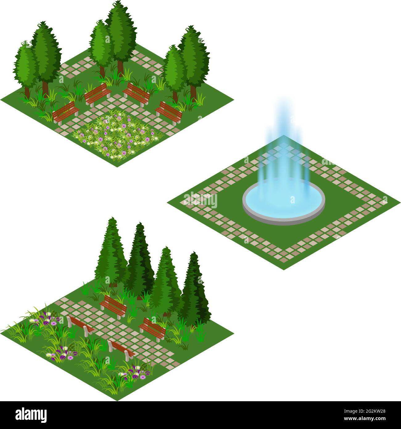Garten isometrisches Set, um Gartenlandschaft Szene für Spiel Asset oder Cartoon-Hintergrund zu erstellen. Brunnen, Blumen, Sträucher und Bäume, gepflasterter Spaziergang. Isoliert Stock Vektor