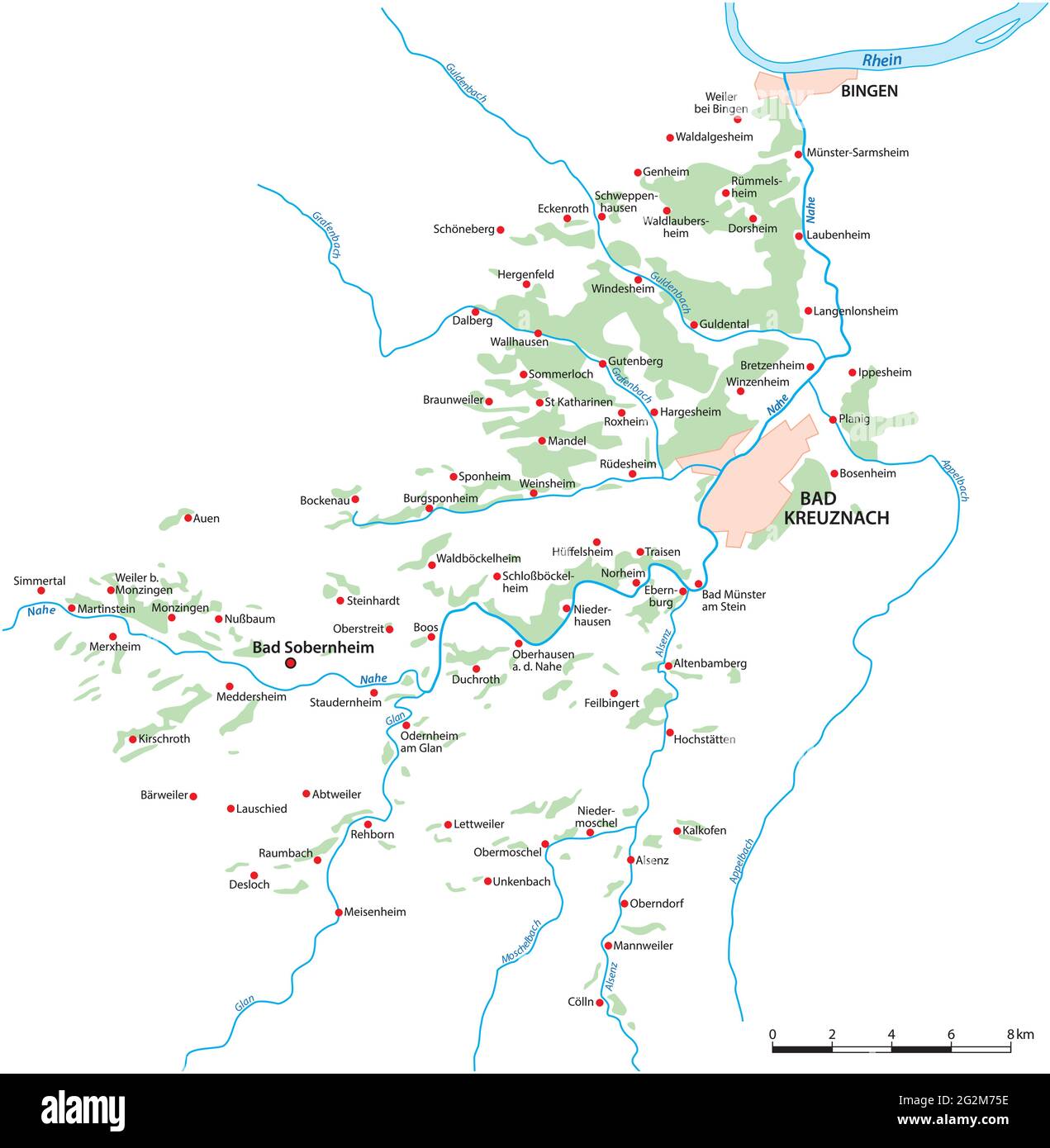 Vektorkarte der Weinanbaugebiete an der nahe, Deutschland Stock Vektor