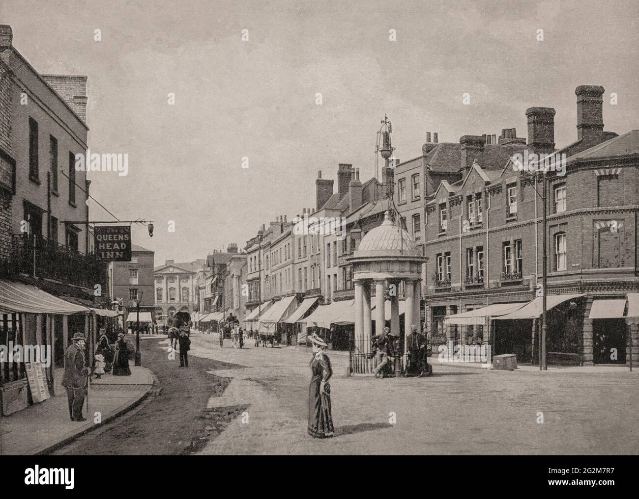 Eine Ansicht des Conduit aus dem späten 19. Jahrhundert in Chelmsford, der Stadt und der Grafschaft Essex, England. Einst beherbergte sie die einzige Frischwasserversorgung der Stadt, bis sie an die High Street verlegt wurde, wo sie von 1857 t0 1940 stand. Stockfoto
