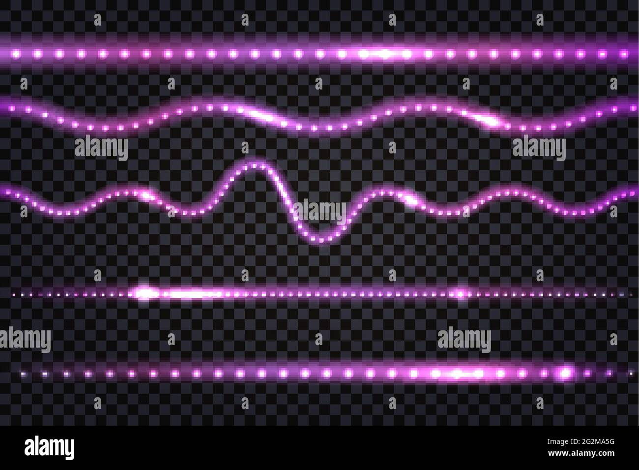 LED-Licht lila Linien mit realistischen Neon-Leuchteffekt und Fackeln. Beleuchtete bunte Streifen und Wellen isoliert auf transparentem Hintergrund. Vektor Stock Vektor