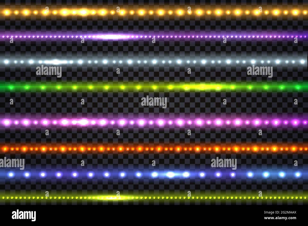LED-Lichtergirlanden mit Neon-Glow-Effekt, mit Glitzerlichtset aus bunten Linien und beleuchteten Streifen, isolierten Bändern auf transparentem Hintergrund. Stock Vektor