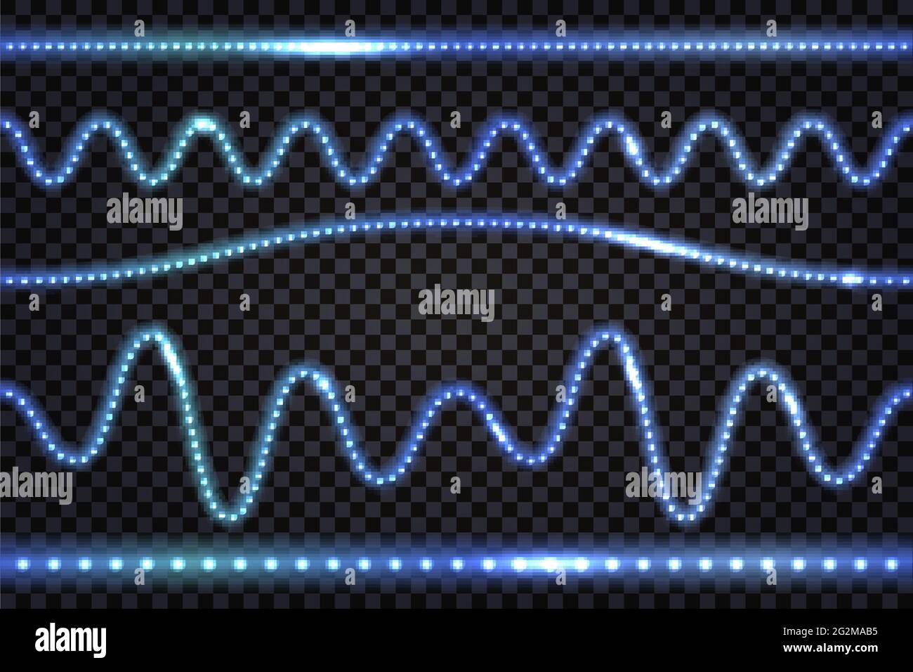LED-Licht Girlande Linien mit realistischen blauen Neon-Leuchteffekt und Fackeln. Beleuchtete bunte Streifen und Wellen isoliert auf transparentem Hintergrund. Ve Stock Vektor