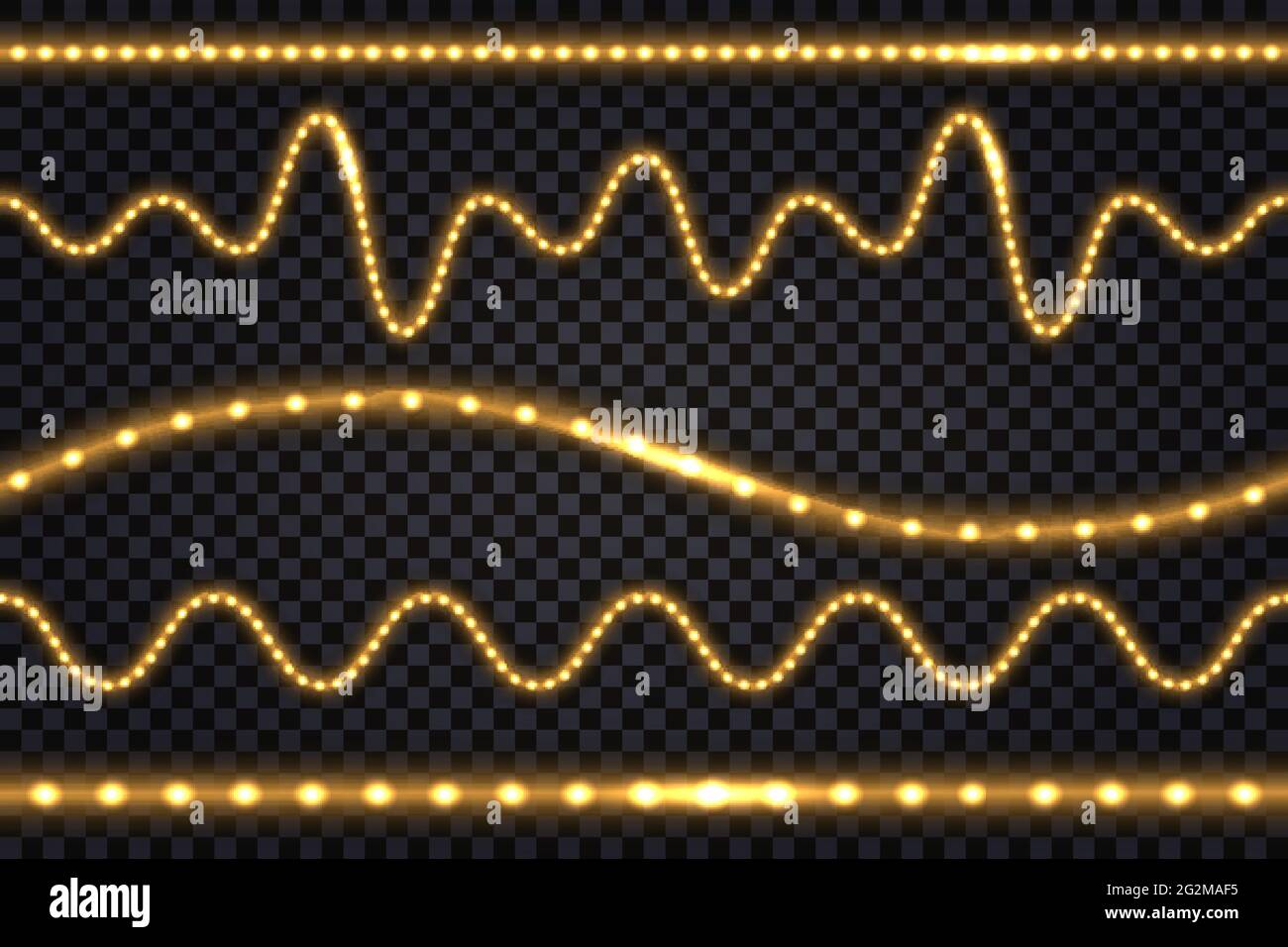 Realistische Gold-LED-Linien mit Neon-Licht-Effekt. Beleuchtete Streifen und Wellen, isolierte Bänder auf transparentem Hintergrund. Vektorgrafiken Stock Vektor