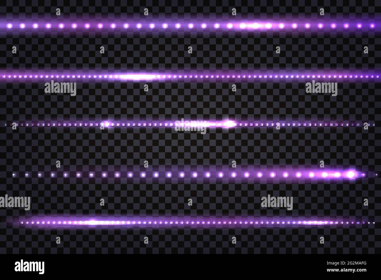 LED-Licht lila Linien mit realistischem Neon-Leuchteffekt. Beleuchtete bunte Streifen mit Fackeln isoliert auf transparentem Hintergrund. Vektorgrafik Stock Vektor