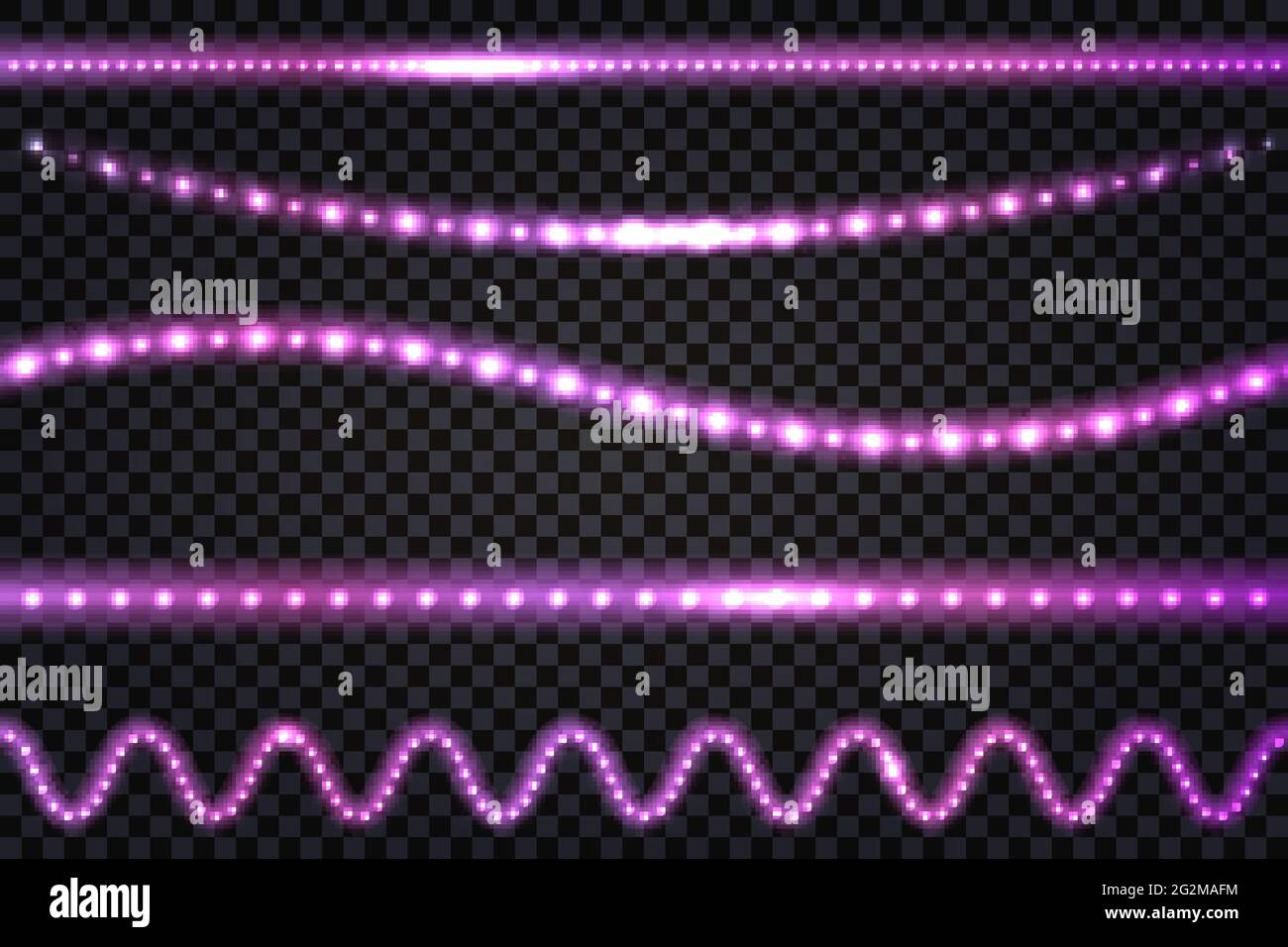 LED-Lichtgirlanden mit Neon-Glow-Effekt, Glitzerlicht-Set aus Linien, beleuchtete Streifen und Wellen, isolierte Bänder auf transparentem Hintergrund. Vektor Stock Vektor