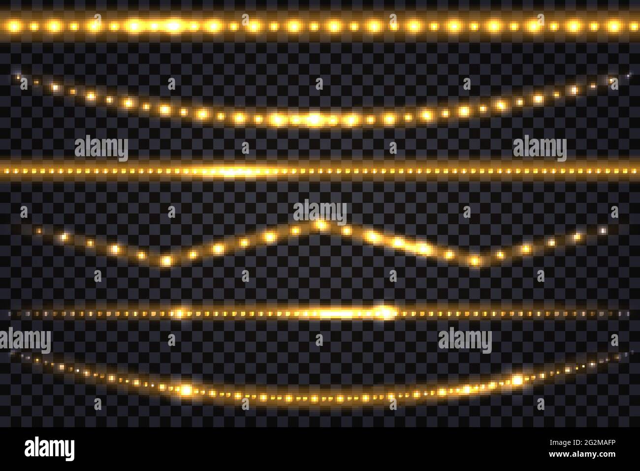 LED-Lichtgirlanden mit goldenem Neon-Leuchteffekt und Glitzerlicht-Set aus Linien, golden beleuchteten Streifen und Wellen, isolierten Bändern auf transparentem Bac Stock Vektor