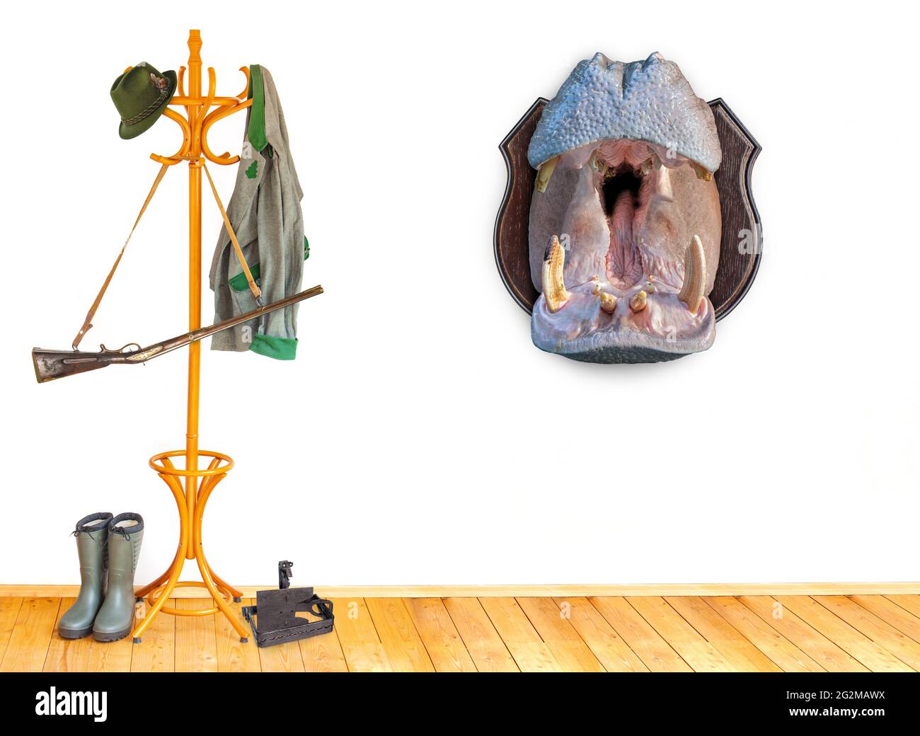 Die Ausrüstung des Jägers in einem Raum mit dem Kopf des Flusspferdes als Trophäe auf einer weißen Wand. Stockfoto